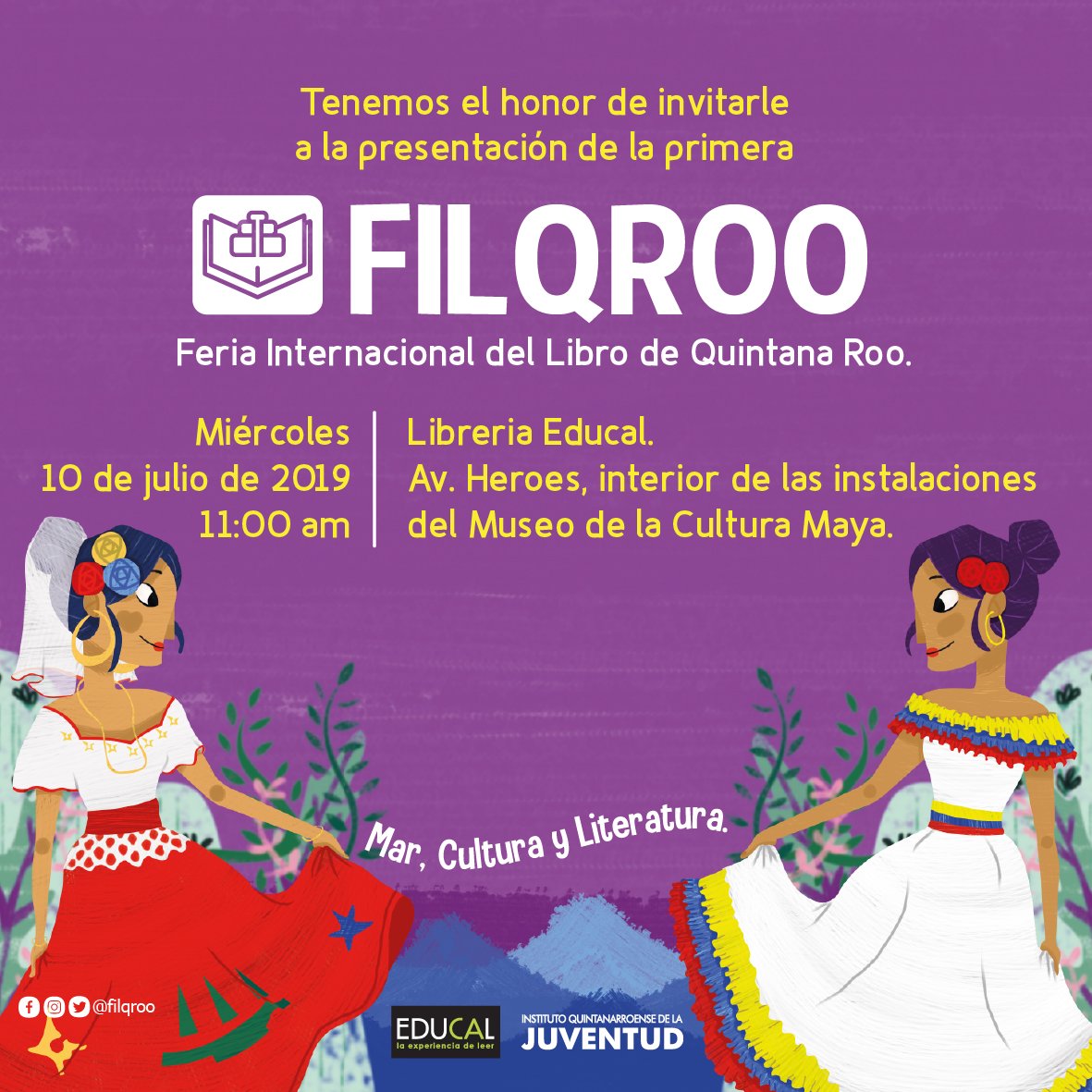 Invitamos a los medios de comunicación a acompañarnos mañana a la presentación de la primera #FILQROO2019 en la #LibreriaEducalChetumal que se encuentra en el interior del #MuseoCulturaMaya a las 11:00 am
#FILQROO2019 #MarCulturaYLiteratura @Juventud_QRoo