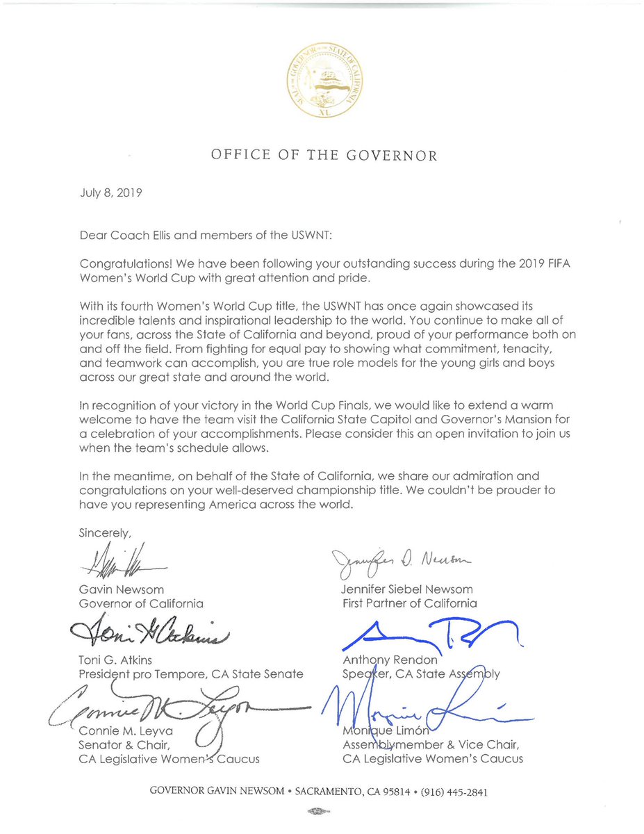 RendonAnthony's tweet photo. California’s leaders welcome the victorious #USWNT to our Capitol.
And if any team members want to run for office in California, we could use some ringers for the annual legislative soccer game. 🙃 https://t.co/QvxJRZOkpN