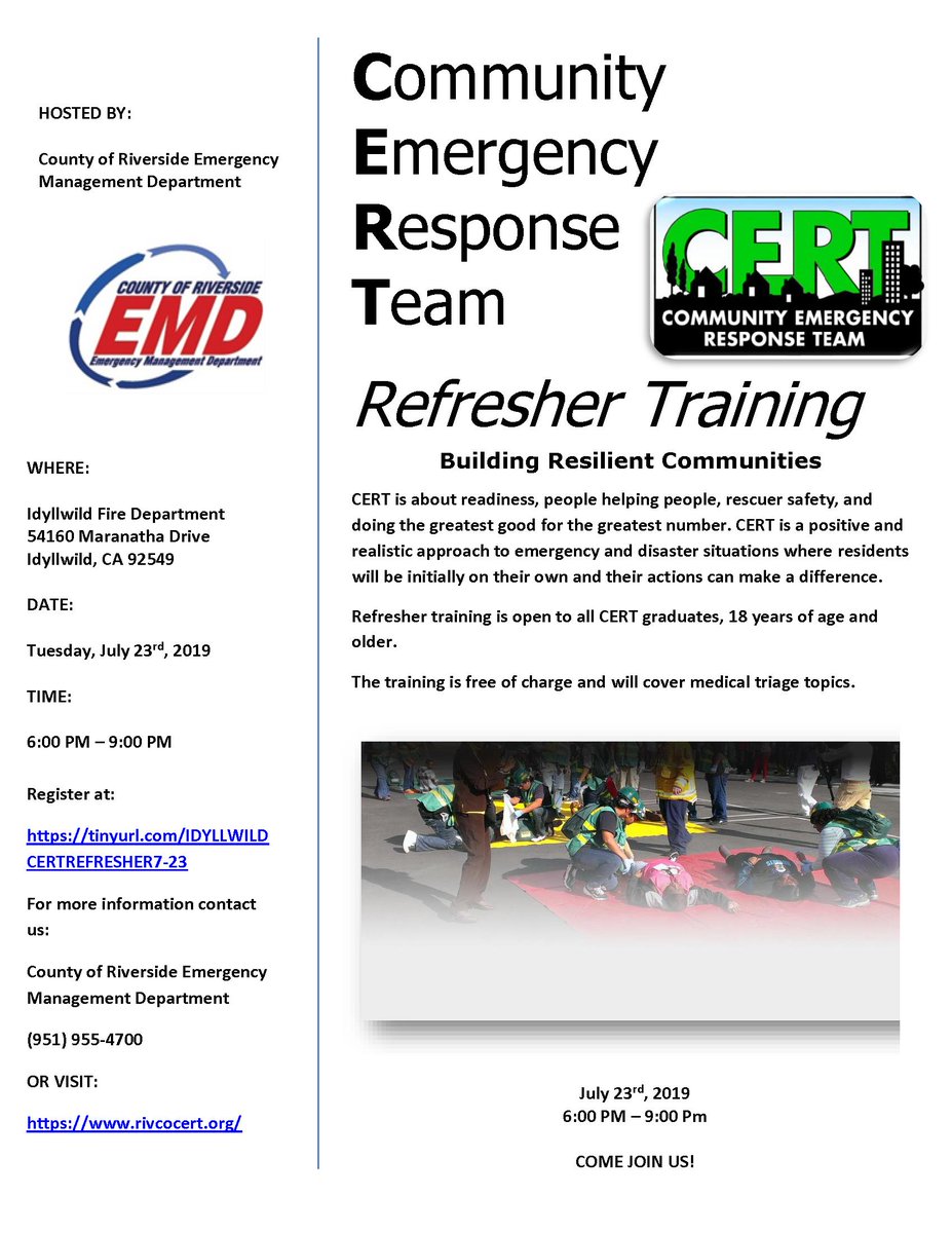 RIVCOCERT's tweet image. CERT graduates looking to polish their skills are invited to sign up for a refresher class being offered in Idyllwild on July 23rd from 6-9 p.m. Space is limited so sign up now at: RivCoCERT.org @RivCoReady