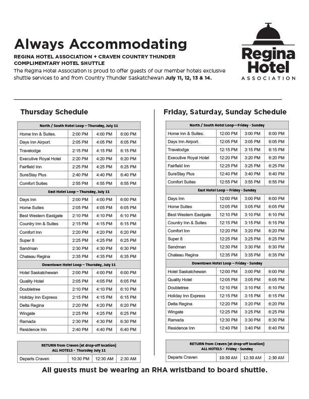StayinRegina's tweet photo. Guests staying at RHA member hotels can access a free shuttle to and from @countrythunder Saskatchewan this weekend. You must be a hotel guest to board the shuttle, please see attached schedule for departure dates, and be sure to book your room at https://t.co/ZZAMKzrNRi https://t.co/g4Mb920suZ