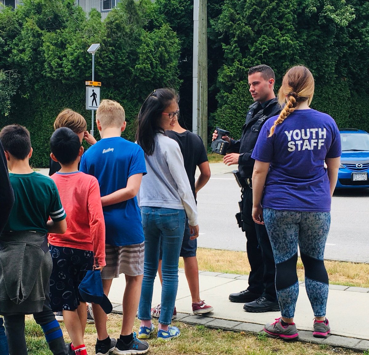 PortMoodyPD's tweet photo. @PortMoodyPD Cst. Sam Zacharias dropped by @pomorecreation centre day camp and deputized some kids to help him do radar.
#RecruitClassOf2035 #SaferPoMo #ThxKids https://t.co/J5iJkJRpAI