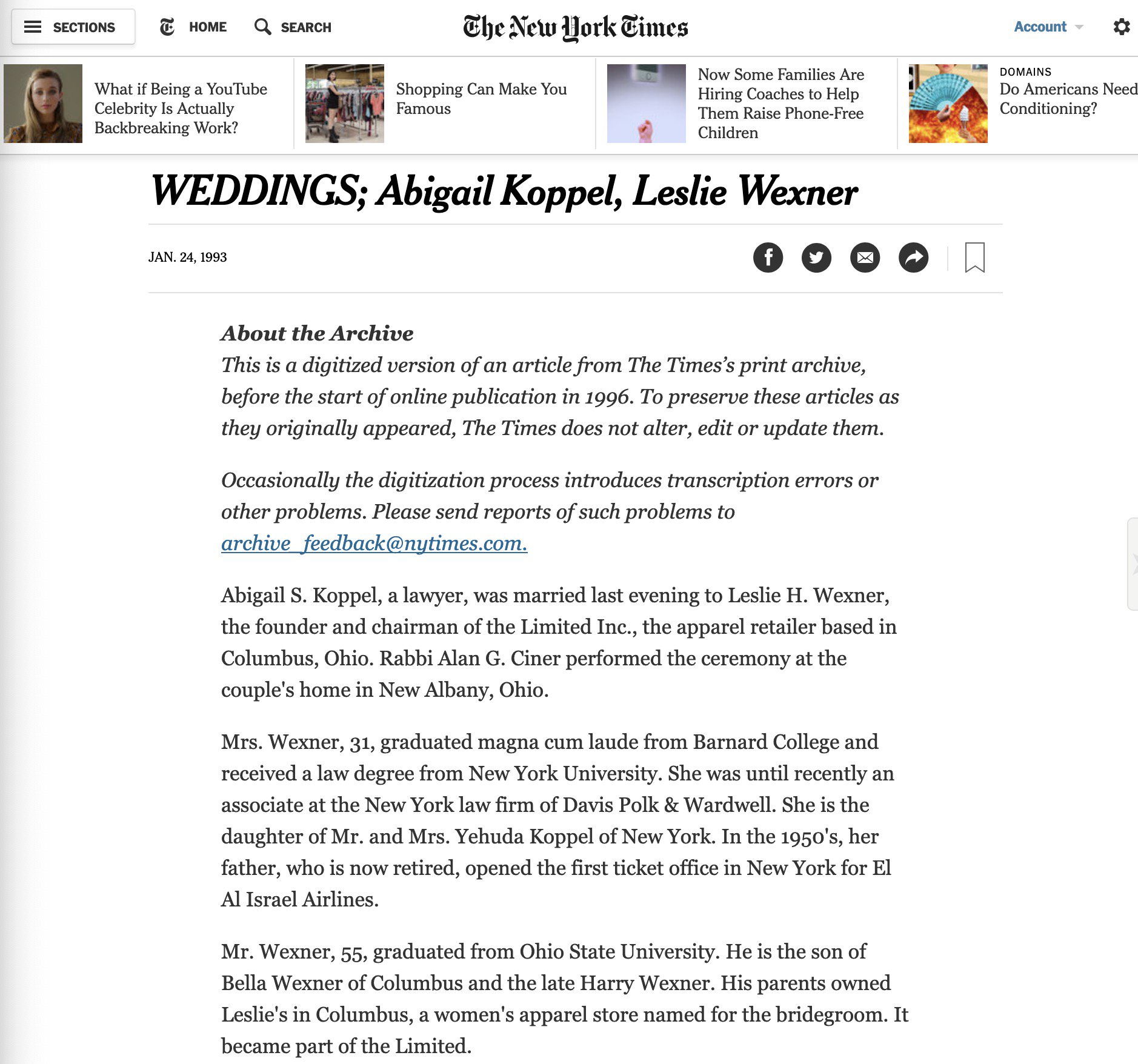 Call Paul S Boutique On Twitter Looks Who S Getting Married Guess It S Time 2 Produce The Heirs 1 24 1993 Bring In The Fembot Abigail S Koppel 31 Married Leslie H Wexner 55 Y Now