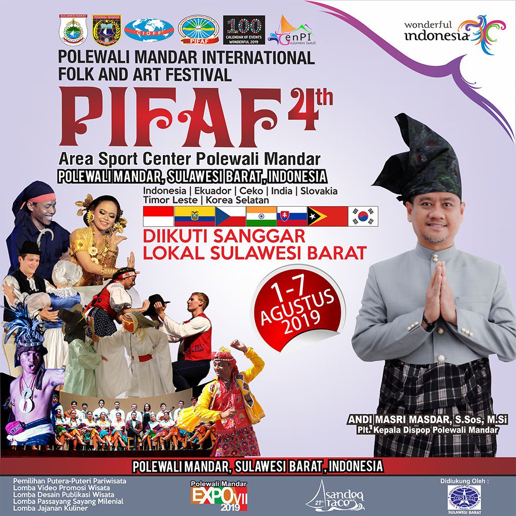 Ichal_Djharre's tweet photo. Datang &amp; Saksikan!
POLEWALI MANDAR INTERNATIONAL FOLK &amp; ART FESTIVAL (PIFAF)
1 - 7 Agustus 2019 di Kab. Polewali Mandar, Prov. Sulawesi Barat.
.
#PesonaIndonesia 
#WonderfulIndonesia
#Genpi 
#Genwi
#Genpisulbar 
#PariwisataSulbar
#PIFAF2019
#PesonaPIFAF2019
#100CoEWonderful2019 https://t.co/srKN7dHlhZ