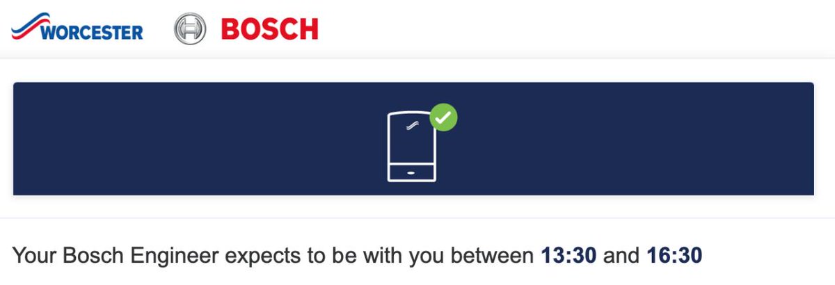 paulwi's tweet photo. Hmm! The @WorcesterBosch online tracker seems to be a bit out of sync. "Your Bosch Engineer expects to be with you between 00:24 and 01:24" Shall I stay up? 😱 Then again maybe not till tea time! https://t.co/iUOVo3A7mV