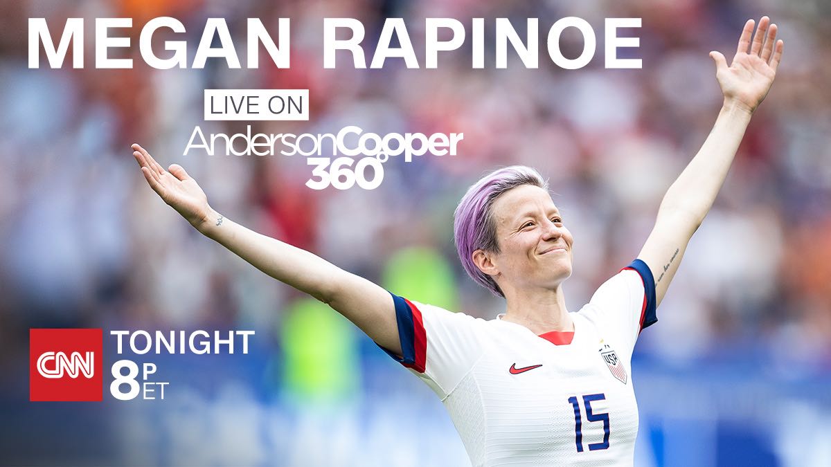 AC360's tweet photo. Fresh off the US Women’s National Team World Cup win, co-captain Megan Rapinoe joins @andersoncooper, NOW on CNN. https://t.co/VOImvgr6Fj