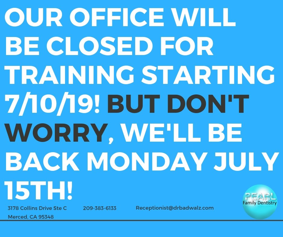 To better serve you we're closing for training tomorrow through the end of the week! If there is an emergency please call Dr. Mishra at 209-383-9222. We'll see you again on Monday.