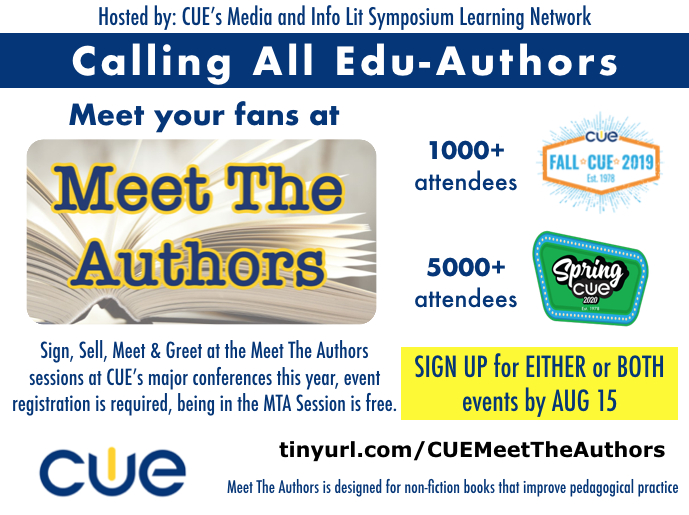 CUE @cueinc
16s
Calling all #Eduauthors! If you are a published author &amp; want to attend #FallCUE or #SpringCUE  &amp; share your educational (non-fiction) writing, signups are open now!  <a href="/dbc_inc/">Dave Burgess Consulting, Inc.</a> <a href="/EdumatchBooks/">EduMatch Publishing</a> <a href="/hacklearning/">Hack Learning</a>  tinyurl.com/CUEMeetTheAuth… #Edchat #WeAreCUE