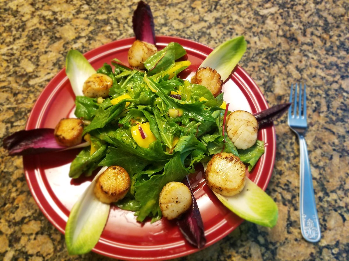 #SearedScallops and #Mango Spring Mix #Salad inspired by a salad my wife had at @driftlessglen distillery.  #yummy #puredeliciousness