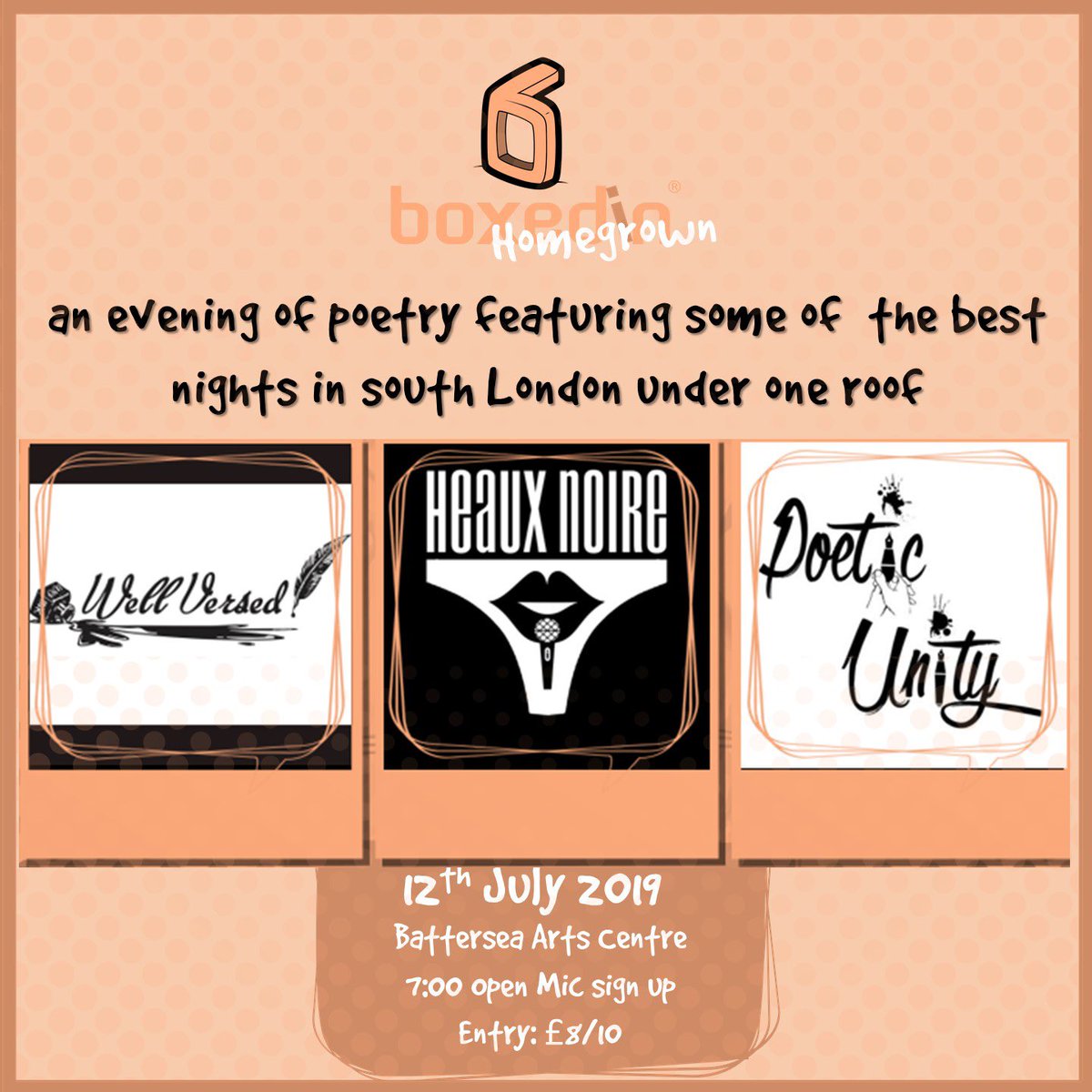 <a href="/SoundMindLDN/">Word on the Street</a> <a href="/ClareHCurrie/">Clare Currie</a> <a href="/ToastPoetry/">TOAST Poetry</a> <a href="/PenTingPoetry/">Pen-Ting Poetry</a> JULY 12th! Boxedin Summer continues! Join us in BAC’s Courtyard for our HOMEGROWN event! COME! bac.org.uk/content/45456/…