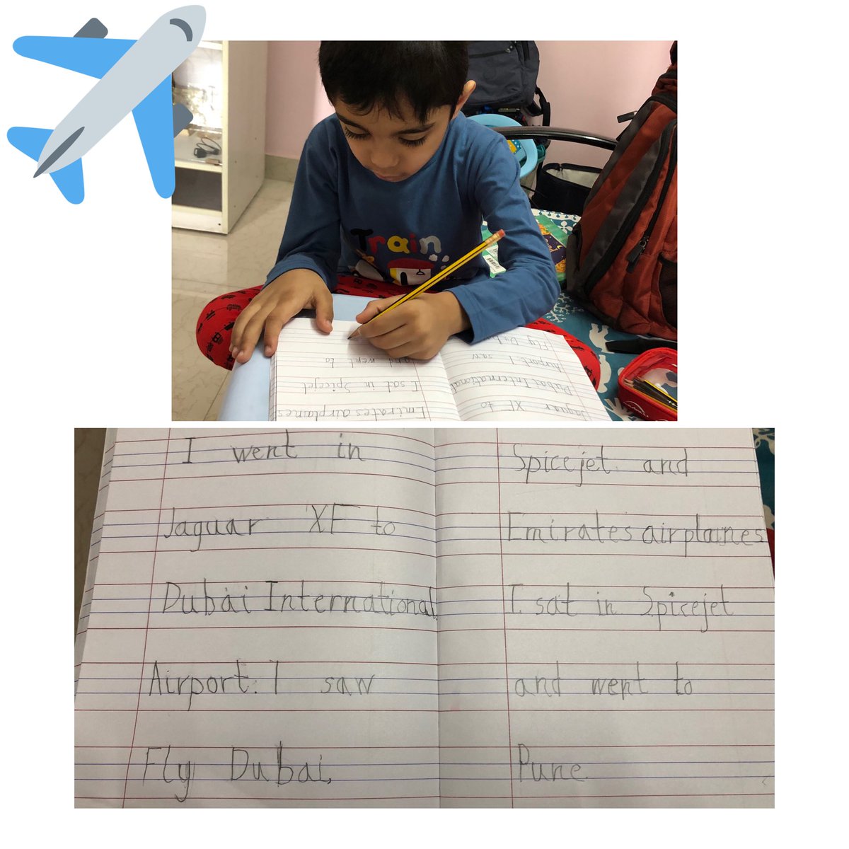 reshma_yg's tweet photo. Viaan writing about his Travel to Pune #NMSHolidays #8WeekStreak #KG2APeacemakers #Pune @gemsnms_alkhail @dixitmonal1 @yashodeep_g https://t.co/xtJK2OftXj