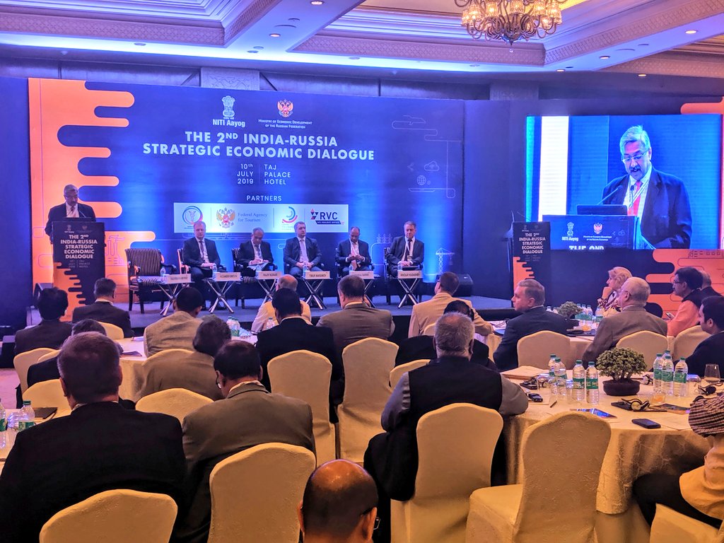 RusEmbIndia's tweet photo. #Russia - #India Strategic Economic Dialogue (#RISED) starts in New Delhi with the Plenary Session, inaugurated by Mr Timur #Maksimov, Dy Minister of Russian @MinistryEconomy, and Dr Rajiv #Kumar, Vice-Chairman of the National Institution for Transforming India (@NITIAayog). https://t.co/y0yAO0Hs3f