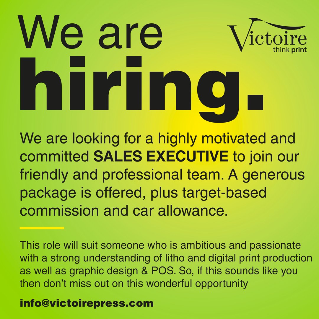 VictoirePress's tweet photo. Good morning, we are hiring. DM us or info@victoirepress.com #jobopportunity #Cambridge #HiringNow #victoirepress #SalesExecutive #opportunity #litho #digitalprint #graphicdesign #POS https://t.co/9eJoSmmAKu