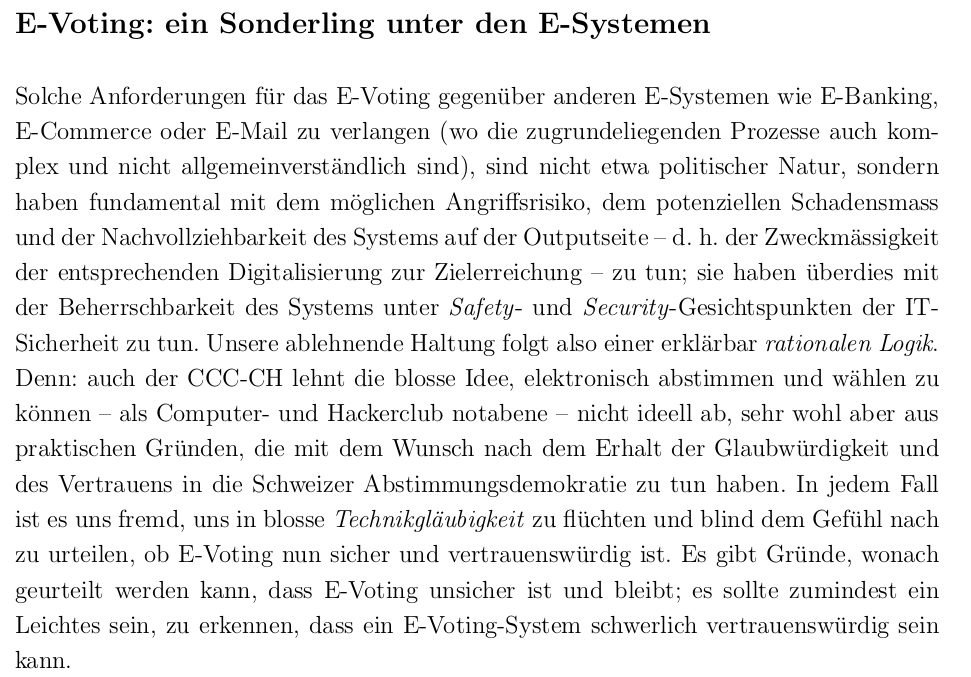 vecirex's tweet photo. @yvscht @eVoteMoratorium @EmanuelWaeber @anderageru @SVPch @schonas @Etat_Fribourg Nein, die Ablehnung @CCC_CH ist rational basiert: wir sind ein Computerclub, aber keine Computergläubigen. https://t.co/lpcwICOFiW
(PDF: S.6; "E-Voting: ein Sonderling unter den E-Systemen") #EVoting #parlCH #CHvote https://t.co/YSrWCmj6w9