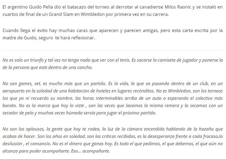 TenisZoneOk's tweet photo. El mensaje que escribió la madre de Guido Pella luego de que su hijo avance a cuartos de final en Wimbledon. Para leer y reflexionar. ¡Muy emocionante! 👏

(Vía @vidaytenis) https://t.co/OFY7wDAjpA