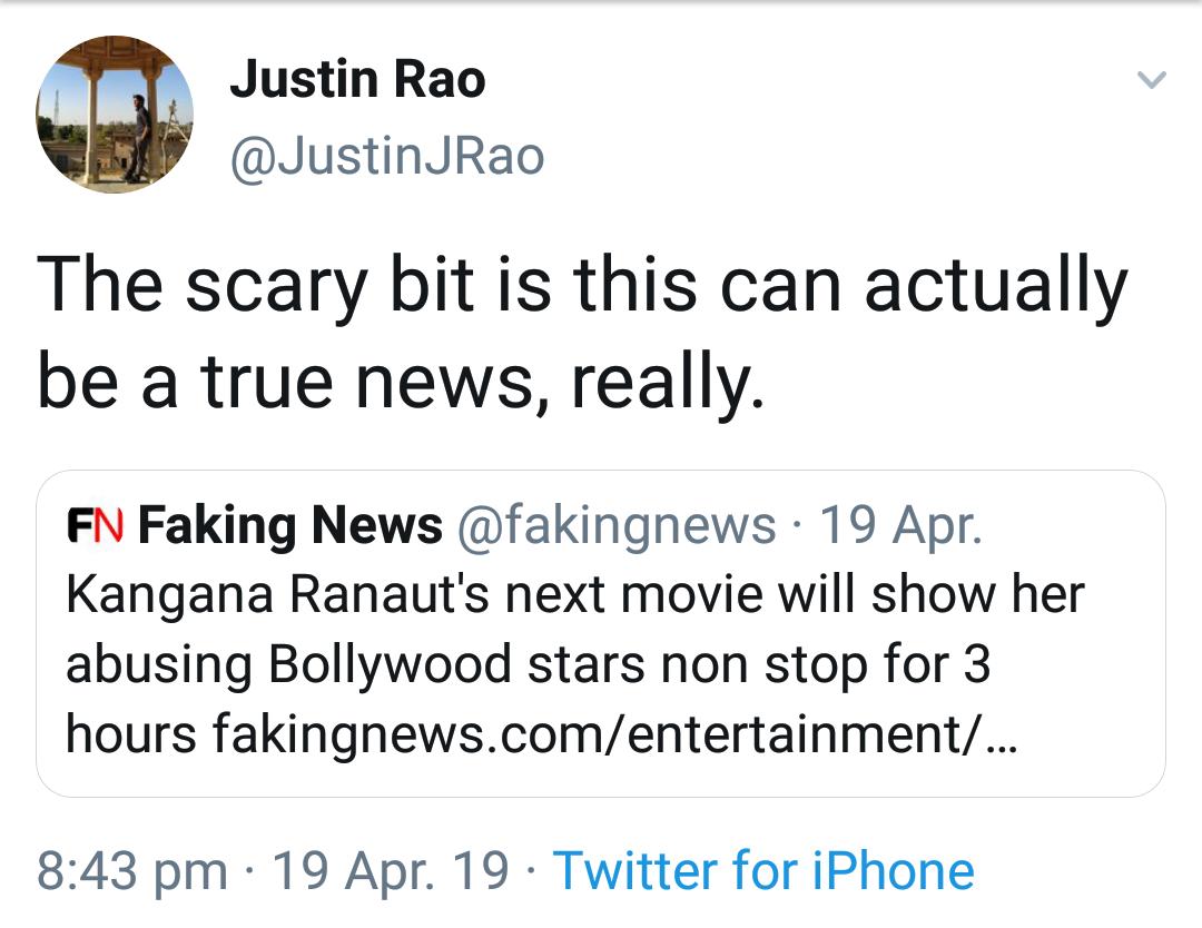 LifeBegetsLifee's tweet photo. This @JustinJRao has been spreading negativity on #KanganaRanaut since https://t.co/5fU4Qd8aDs's exactly what #KanganaRanaut was saying that no matter what she says he's gonna present twisted statements.#WeStandWithKanganaRanaut https://t.co/Nm827l41Gz