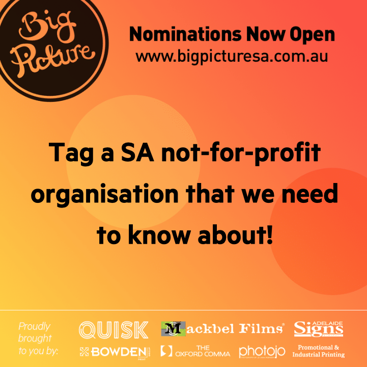 BigPictureSA's tweet photo. Do you know an incredible, committed, passionate and hard working #charity, #notforprofit or #volunteer organisation in #SouthAustralia that could use $18,000 worth of gratis marketing services?

Tag them below and nominate them for Big Picture 2019!

https://t.co/QciG5JqoHQ https://t.co/DhPZTPh004