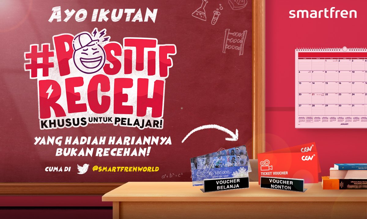 smartfrenworld's tweet photo. KUIS TWEET RECEH KE-13!

Masih ada voucher nonton &amp; belanja GRATIS buat kamu yang berani sebut nama guru killer di sekolah!

Terus, 
1. Follow @smartfrenworld
2. Retweet &amp; Like tweet ini
3. Reply tweet ini dengan jawaban &amp; sertain #PositifReceh

Ditunggu sampe jam 18.00 WIB ya! https://t.co/FO1rmUUJ2u