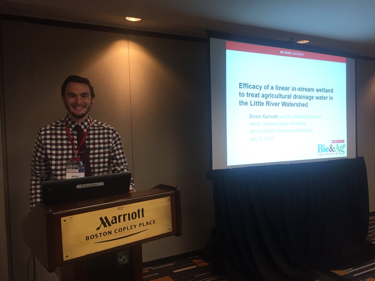 NCState_BAE's tweet photo. So many great presentations today! Here’s PhD student Brock Kamrath talking about using linear in-stream wetlands to treat agricultural drainage water #ASABEAim19 #asabe19 https://t.co/bMyptkLmZB