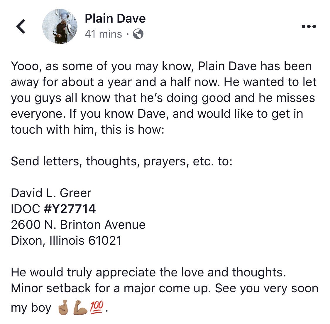 PlainDaveChi's tweet photo. Free Plain Dave. He’ll be home real soon 💪🏽🙏🏽, we still out here going crazy for big bro. See you soon my boy 🤞🏽. https://t.co/Vt2ft01k55