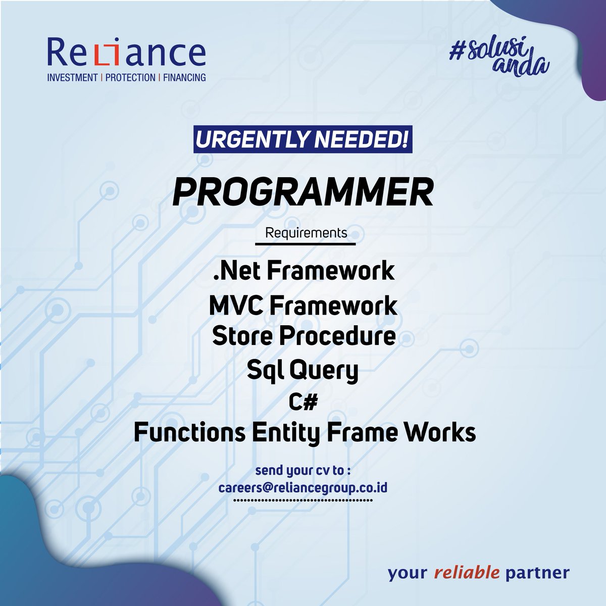 Reliance_ID's tweet photo. Urgently Needed!
-
Hi Reli Friends, Kami sedang membuka lowongan pekerjaan di posisi Programmer. Apakah kamu kandidatnya?
-
Segera kirimkan cv kamu ke careers@reliancegroup.co.id. Ayo bergabung bersama kami!
-
#relianceindonesia #yourreliablepartner #solusianda #lowongankerja https://t.co/iHMc8lwcN7