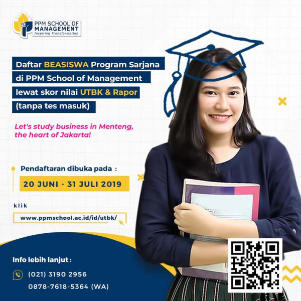 BeasiswaIndo's tweet photo. Daftar Beasiswa Program Sarjana di PPM School of Management lewat skor nilai UTBK atau Rapor (tanpa tes masuk). Klik https://t.co/LTnfs2jqRD untuk daftar dan informasi lebih lanjut. Info: (021) 3190 2956 WA: 0878-7618-5365 https://t.co/GjGXbqYGlf