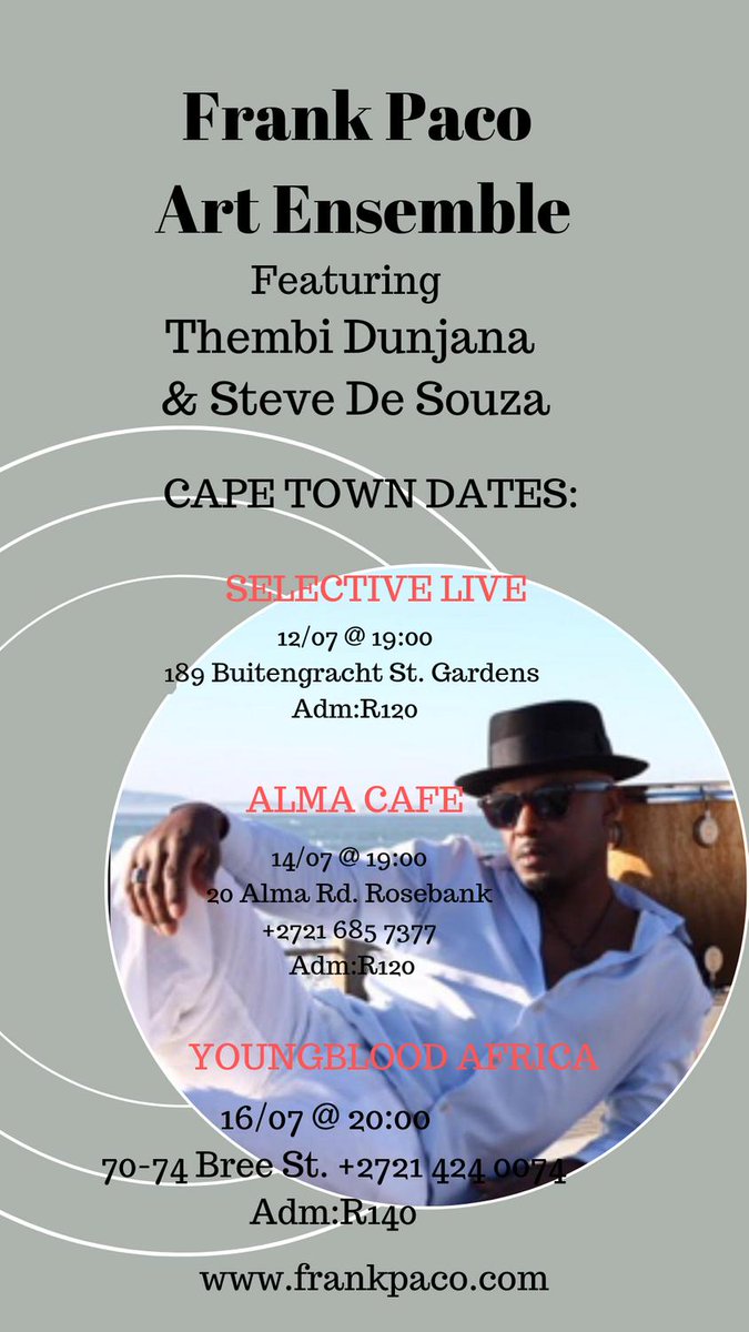 FrankPaco_'s tweet photo. Hey folks, I’ve arrived well in the Mother City. 
Looking forward to the live performances with my trio. 
Selective Live - Quicket bookings &amp; bring your own BOOZE https://t.co/sJVzP2v4WZ