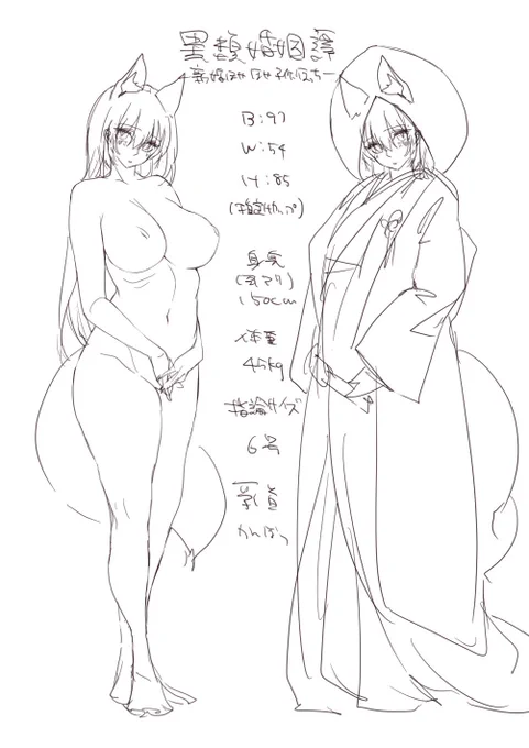 アカウント誕生にむけてユキバスターZ先生(@yukibusterz1)からお預かりした、初公開⭐志津ちゃん設定資料からのラフ画になります✨

今の先生のトップ画像のJunebride花嫁姿も💕ですが、和装も素敵😍

午後もがんばっていきましょ～🐱 
