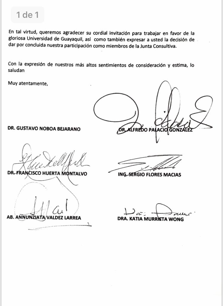 lahistoriaec's tweet photo. Lo dejaron solo a Roberto Passailaigue en la Universidad de Guayaquil. Miembros de Junta Consultiva renunciaron en grupo. Se fueron Alfredo Palacio, Sergio Flores, Katia Murrieta, Annunziata Valdez y Francisco Huerta Montalvo. Dicen que nunca se les definió su rol. https://t.co/lfFiwhwzuV