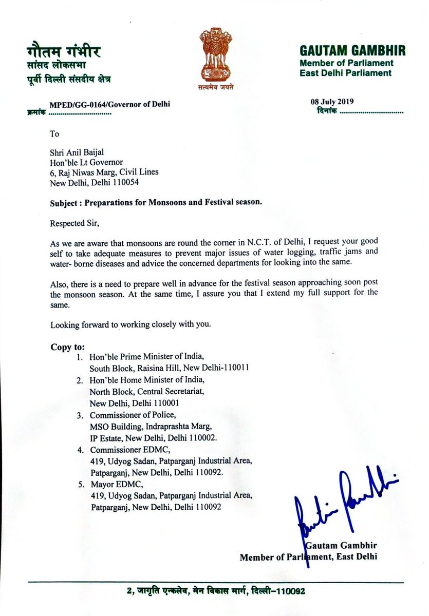 GautamGambhir's tweet photo. I have written to the hon'ble @LtGovDelhi requesting him to advise the concerned departments to prevent problems arising from unpreparedness for monsoons, and also the festival season approaching on the heels of monsoon. I've extended my support to help in any way I can. https://t.co/7R0WCkc7uj