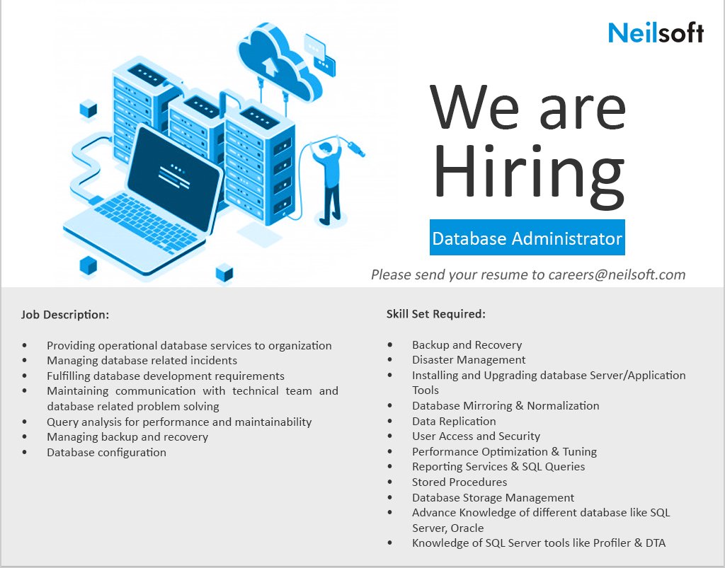 Neilsoft's tweet image. Neilsoft Job Opportunities : Database Administrator
Location : Pune
Please send your resume to careers@neilsoft.com
#databaseadministrator #DatabaseMirroring #DatabaseStorage #careers #job