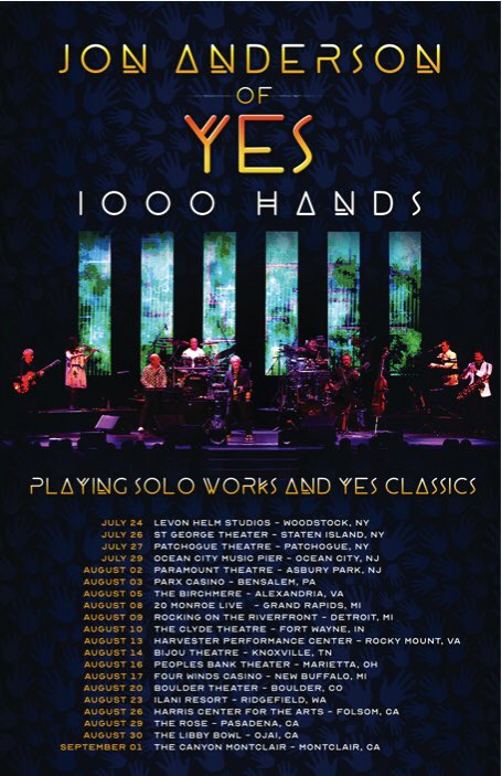 July 21 marks the start of round 2 of the 1000 Hands Tour. We’re bringing our sound and message to a city near you! Get your tickets now! jonanderson1000hands.com/1000-hands-tou… 
#1000Hands #1000HandsTour #SpotBebop #JonAnderson #Yes