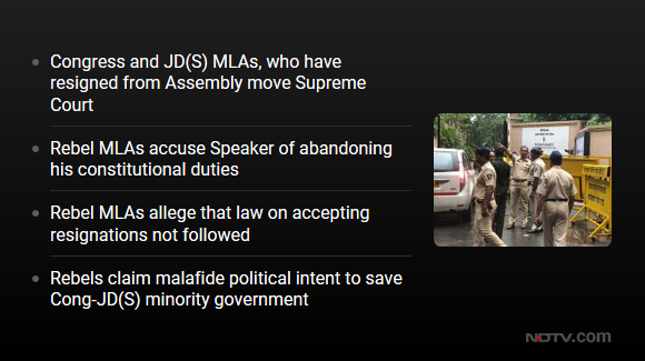 ndtv's tweet photo. #KarnatakaPoliticalCrisis | Rebel Karnataka MLAs approach the Supreme Court. Senior advocate Mukul Rohatgi appeared for the rebel MLAs and sought an urgent hearing. Top court declined to hear the plea today. Court is likely to hear the plea tomorrow. https://t.co/5Zgt4qClBm