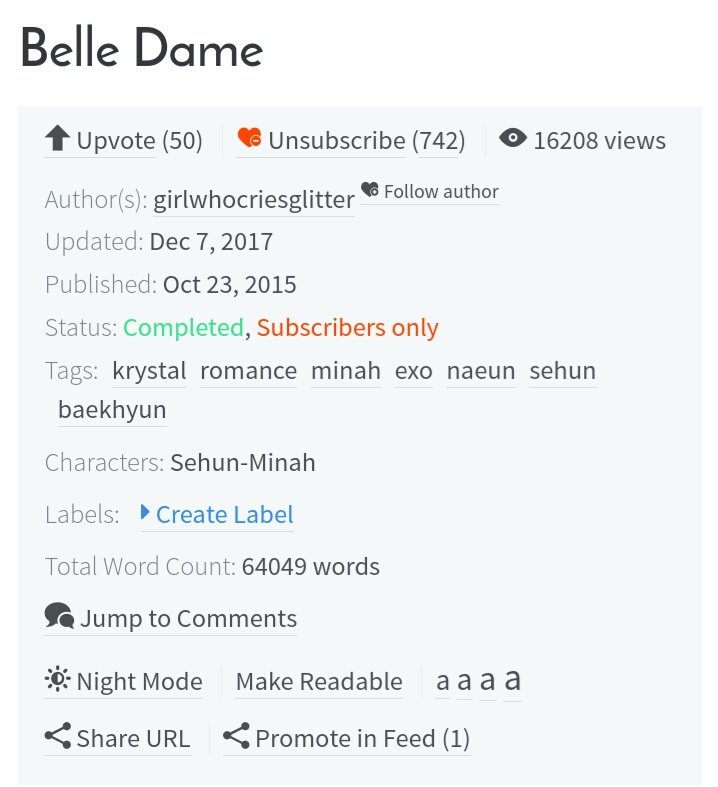 Belle DameCompletedSehun x OcRomance, royalShort but sweet!  https://www.asianfanfics.com/story/view/1034434/belle-dame