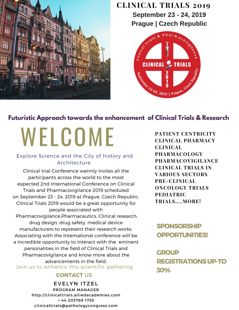 Clinical_events's tweet photo. Witness the gathering of leading business delegates, CRO’s  Clinical and medical professionals at Clinical Trials 2019 
Date: September 23 – 24, 2019 at Prague, Czech Republic
To know who is attending: https://t.co/x7uQB6Lf6Y
#PatientEngagement #PatientRecruitment #ClinicalTrials https://t.co/K0MVLbmXbt