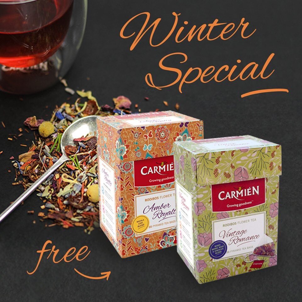 Receive 2 FREE packs of our deluxe Rooibos Flower Tea if you spend R500 on our website! 

Treat yourself - click this link to shop our range of deliciously healthy blends: bit.ly/ShopOurTeas

*Offer valid while stocks last.