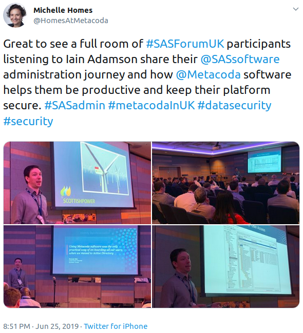 metacoda's tweet photo. Imagine saving a few hours a day in your #SASadmin work! 
Iain Adamson from @ScottishPower shared this at @SASsoftwareUKI Forum when presenting how @metacoda software enables productivity. Learn more &amp; see the #metacodakoala video https://t.co/qkCibUcL9H
#SASForumUK #SASpartners https://t.co/QI1Xr0uTYo