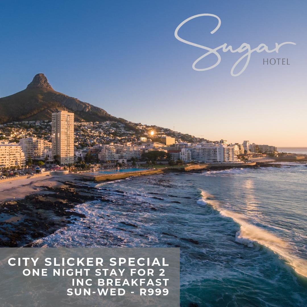 SugarHotelCPT's tweet photo. Traveling, working or socializing in Cape Town? Our City Slicker Special is just for you! Enjoy a one night stay for two for only R999, available Sunday-Wednesday (breakfast included).

T&amp;Cs apply, subject to availability.

For bookings:
021 430 3780 | info@sugarhotel.co.za https://t.co/B6S6wFvWf7