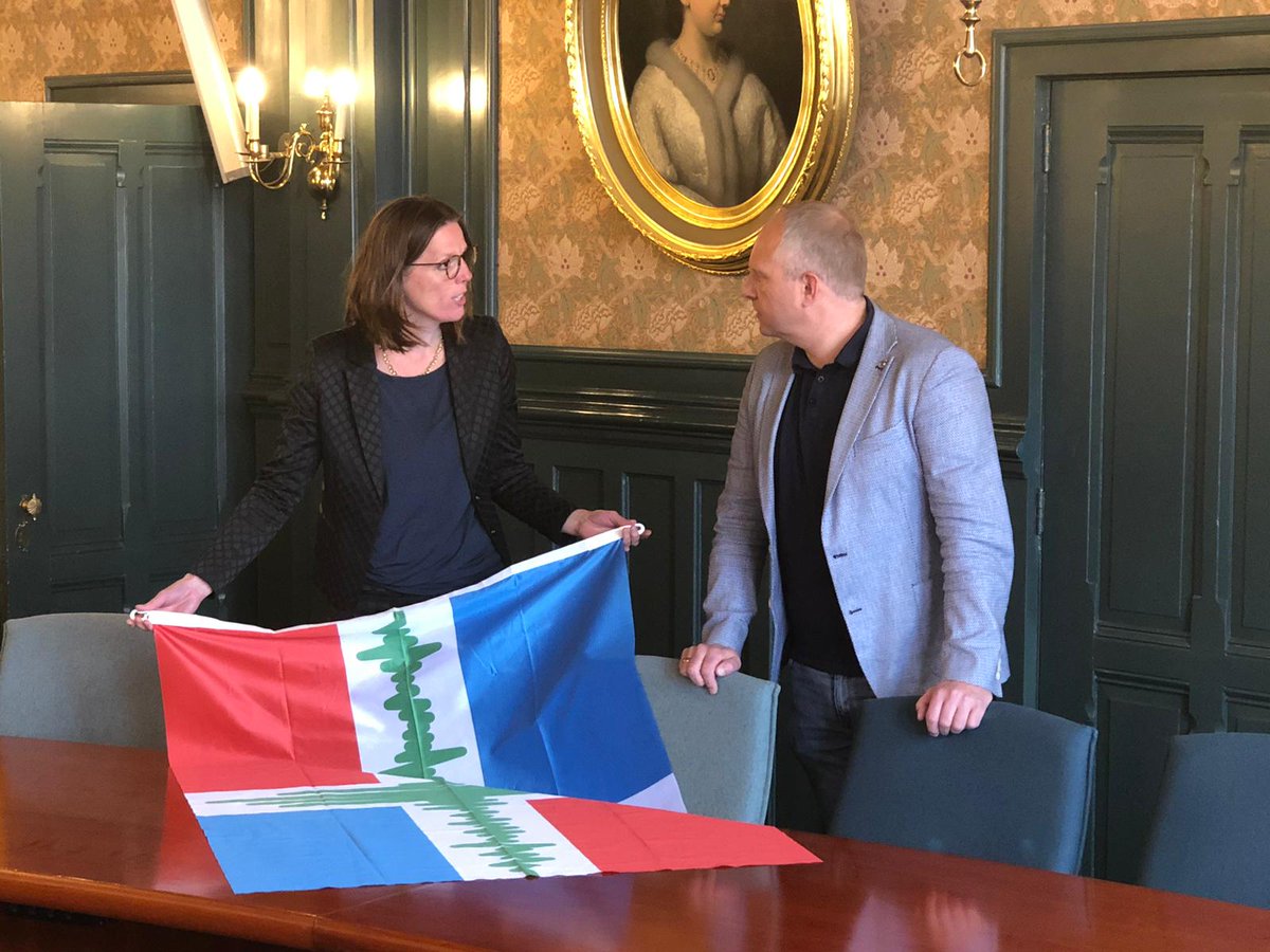 Sinds vanmorgen hangt de Groningse aardbevingsvlag aan het gemeentehuis. De vlag is bedacht door <a href="/MarkvanEsveld/">Mark van Esveld</a>, inwoner en ondernemer uit Beerta. Hij heeft de vlag samen met burgemeester @cryfke gehesen om aandacht te vragen voor de aardbevingsproblematiek in Groningen.