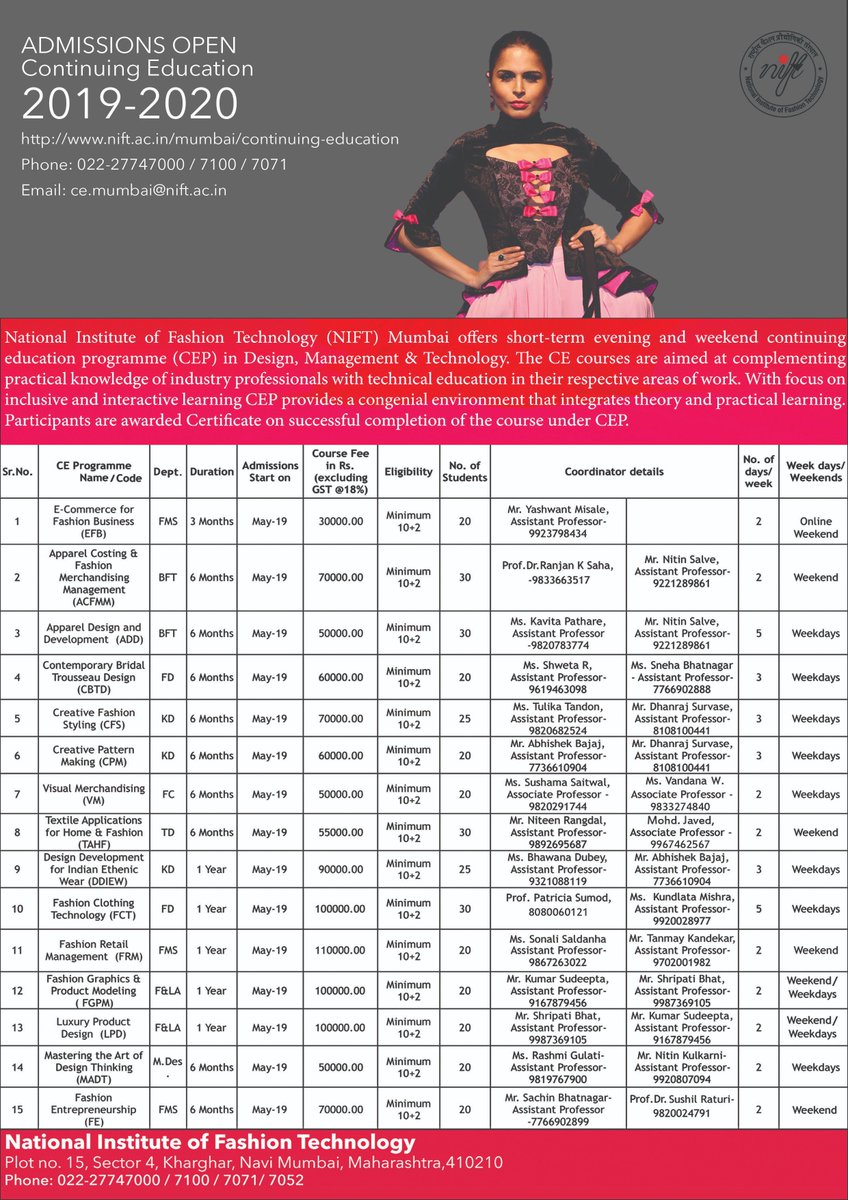 MumbaiNift's tweet photo. What’s on your resume??
Visit the Website for more information !!!
#continuingeducationprogram#learning #styling #fashion #tech#Merchandising#Management#Designing#Fashion Merchandising#apparelcosting
Plz visit our website  : https://t.co/zfs5ZvmvaX https://t.co/53nG0yNyuu