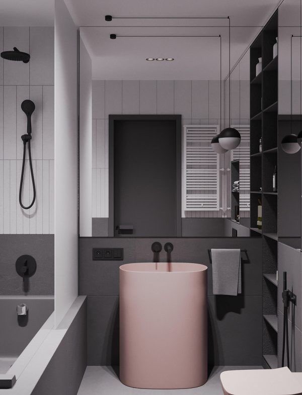 Tojimato's tweet photo. BLACK PINK—
Perhatikan nisbah penggunaan warna hitam : dusty pink. Warna hitam boleh dineutralkan dengan warna putih jika tidak mahu ruang terlalu suram.

TIPS: Tak perlu banyak elemen dusty pink. 
Cukuplah jika hanya satu-dua sahaja seperti tiles dinding dan sinki. https://t.co/c7AgeApd5j