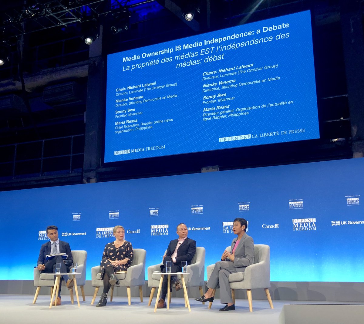 observatoryihr's tweet photo. #IOHR are at the Global Conference on Media Freedom #DefendMediaFreedom. 

First panel of the day: Media Ownership IS Media Independence with @nishantlalwani, Sonny Swe, @rapplerdotcom’s @MariaRessa &amp; @Venema. 

CC: @CanadaFP @foreignoffice @FCOHumanRights https://t.co/AMvDQ4I8yK