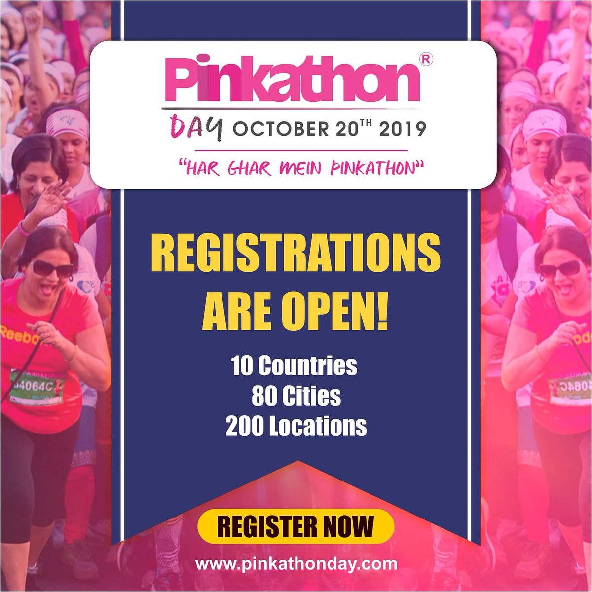 PinkathonD's tweet photo. @PinkathonD  is Back!!

REGISTRATIONS ARE OPEN!! 😃

Register now to your nearest Location.😄
.
.
 https://t.co/oUyzWBppvG

#PinkathonDay2019
#FitWomen4FitFamilies
#HargharmeinPinkathon
#Live2Inspire
#Swavalamban
#LetsTalkPeriod https://t.co/WA5ushPbt7