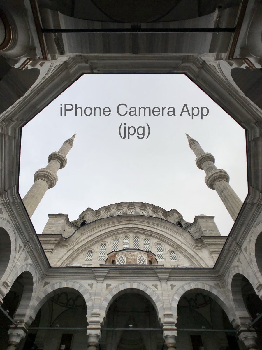 iPhone (Camera App vs Lightroom)تحت وضعت مقارنة بسيطة لصورة مسجد في اسطنبول، من النظرة الأولى صورة الأيفون بتكون هي الأجمل لأنه Image Processing من أبل مستواه عالي جداً، ولكن كمصور أحب تكون عندي القدرة على التعديل أو الحفاظ على بعض التفاصيل فذ الظلال إلي الكاميرا ممكن تمحيها