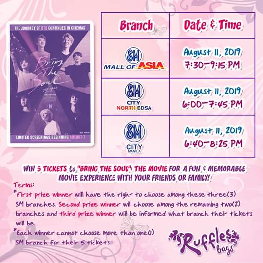 peperocake's tweet photo. โ
CALLING ALL PH ARMY โ
@RufflesBags is giving away 3 BAGS AND 5 MOVIE TICKETS for your friends/family to watch @BTS_twt #BringTheSoulTheMovie by joining #MyRufflesBagsFeatureVideo see attached photos for the mechanics or you can go check their page ๐ https://t.co/Ik0qBvoywV