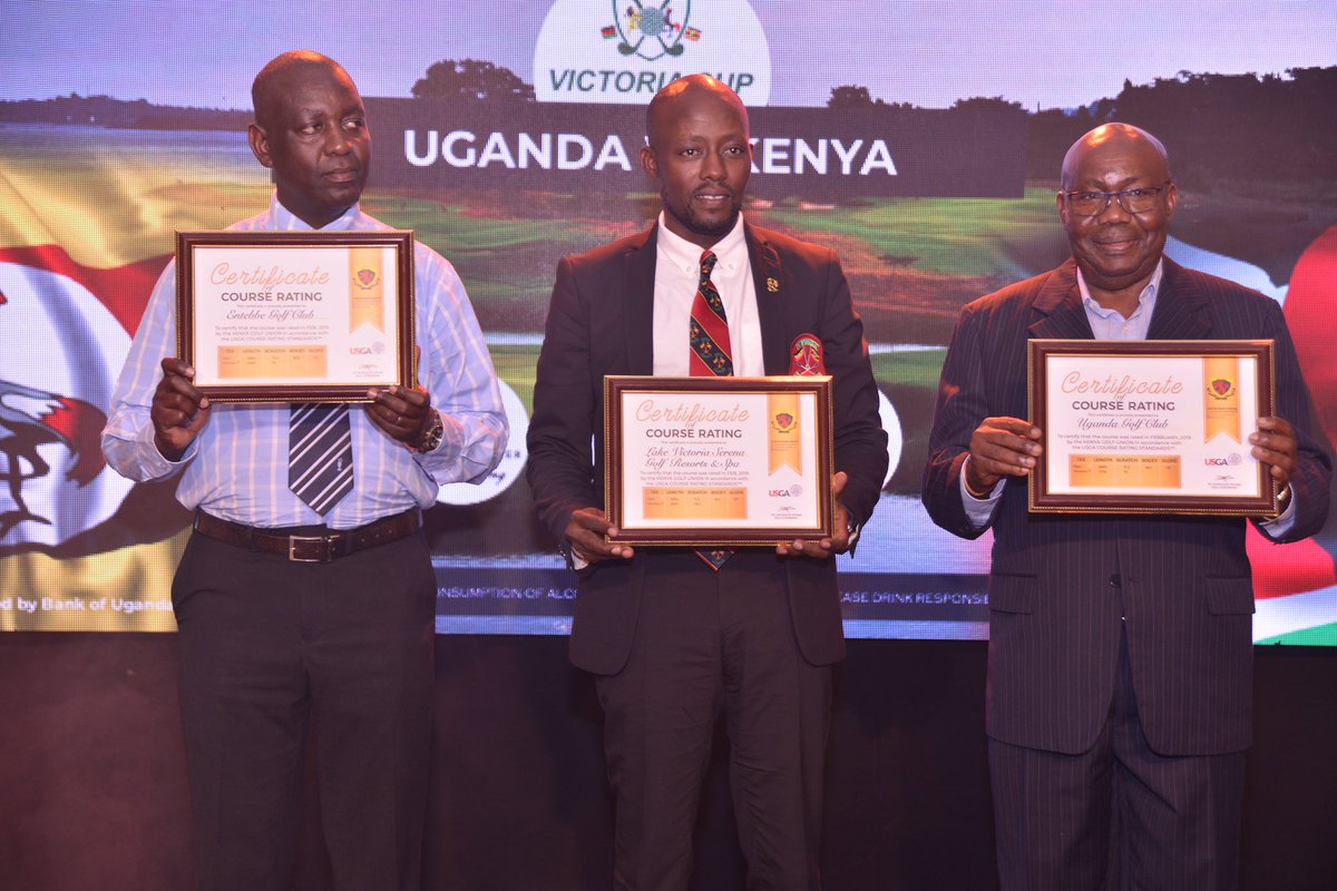Entebbe club awarded a Certificate of Course Rating at the just concluded KCB Victoria Cup 2019. Club Captain Edwin Tumusiime shares a photo moment alongside Moses Matsiko (Serena Golf course captain) and the UGC captain.