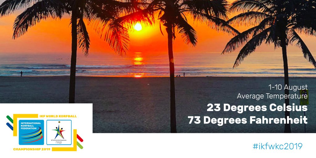 August is a great time of the year to visit Durban, SA.

With an average temperature of 23C/73F you can expect hot, sunshine weather with scattered cloudiness &amp; rain on a few days.

We look forward to hosting the IKFWKC 2019 in August! #IKFWKC2019 #korfball