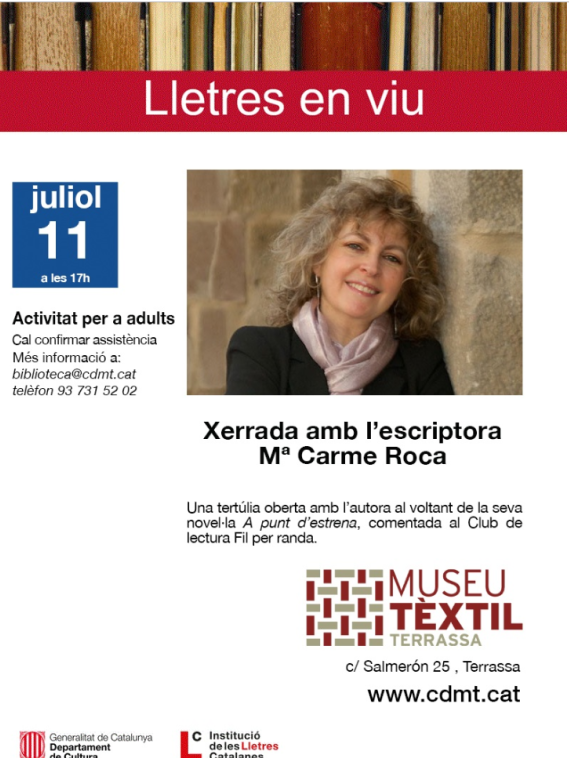 MCarmeRocaCosta's tweet photo. Demà, 11 de juliol de 2019, a les 17 h. "A punt d'estrena" @columnaedicions @labutxaca al Museu Tèxtil de Terrassa, al club de lectura "Fil per randa" #postguerra #canJorba #Pertegaz #il·lusionsapuntdestrena #famíliesdifícils #elpreudelsideals #Barcelona #Manresa https://t.co/GlHS0YHHk0