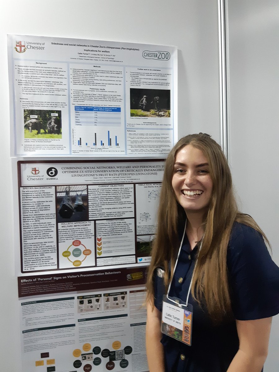 DrSonyaPHill's tweet image. Our MRes student, Callie Turner, presenting her poster on #chimpanzee #laterality and #SocialNetworks at the BIAZA Research Conference #BIAZA2019  @BioSciChester Dr Lindsay Murray @UoCPsych @uochester