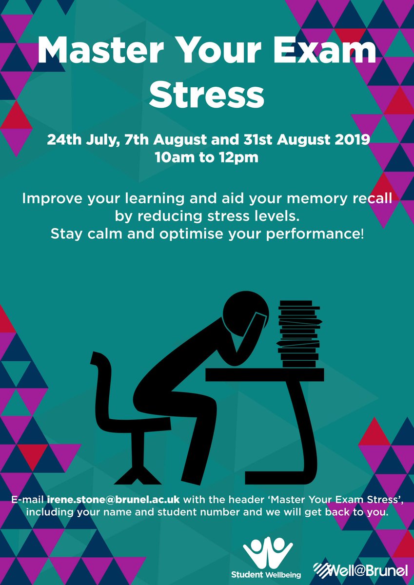 WellatBrunel's tweet photo. With re-sits coming up, stress can take its toll. Make sure to book yourself into this course. Email: Irene.Stone@brunel.ac.uk
#masteryourexamstress #resits #examresits 
@brunelcampuslife @BrunelSSP @LBICStudents @Brunel_Library @Bruneluni @brunelstudents @BVolunteers https://t.co/g9UiaGs8q9