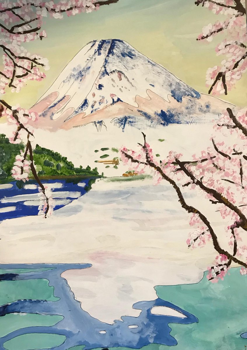A beautiful #finished piece from our weekly classes! Exploring the #Japanese style of #painting! 🇯🇵⛰️🥰